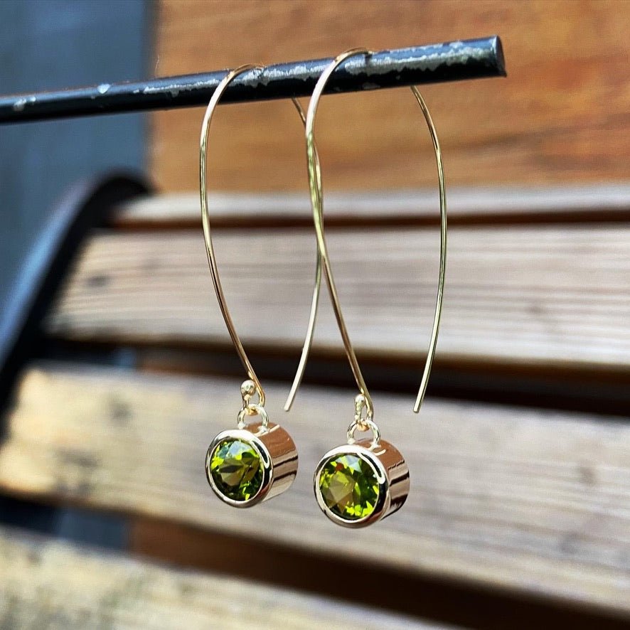 Large Gem Drop Earrings in gold with 6mm faceted peridot gemstone, by Nina Alexandra.