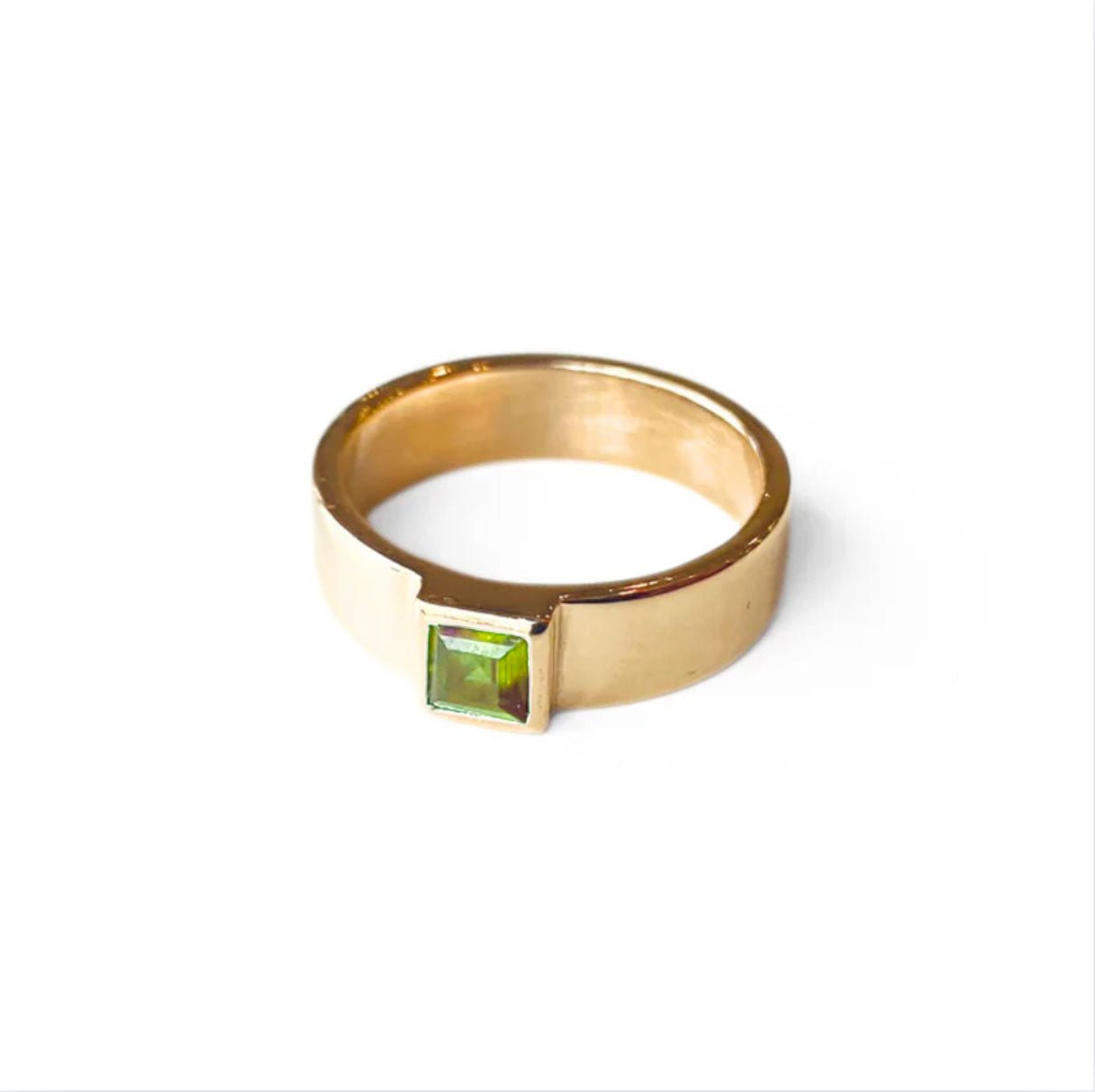 Quadra gold ring  with green peridot square gem - Nina Alexander Jewellery